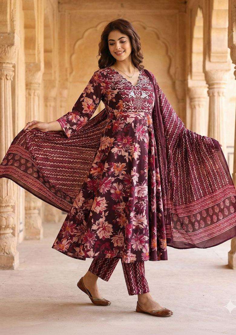 Burgundy Printed Cotton Kurta Set - Indya