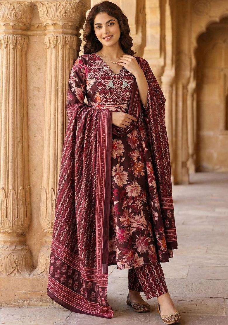 Burgundy Printed Cotton Kurta Set - Indya
