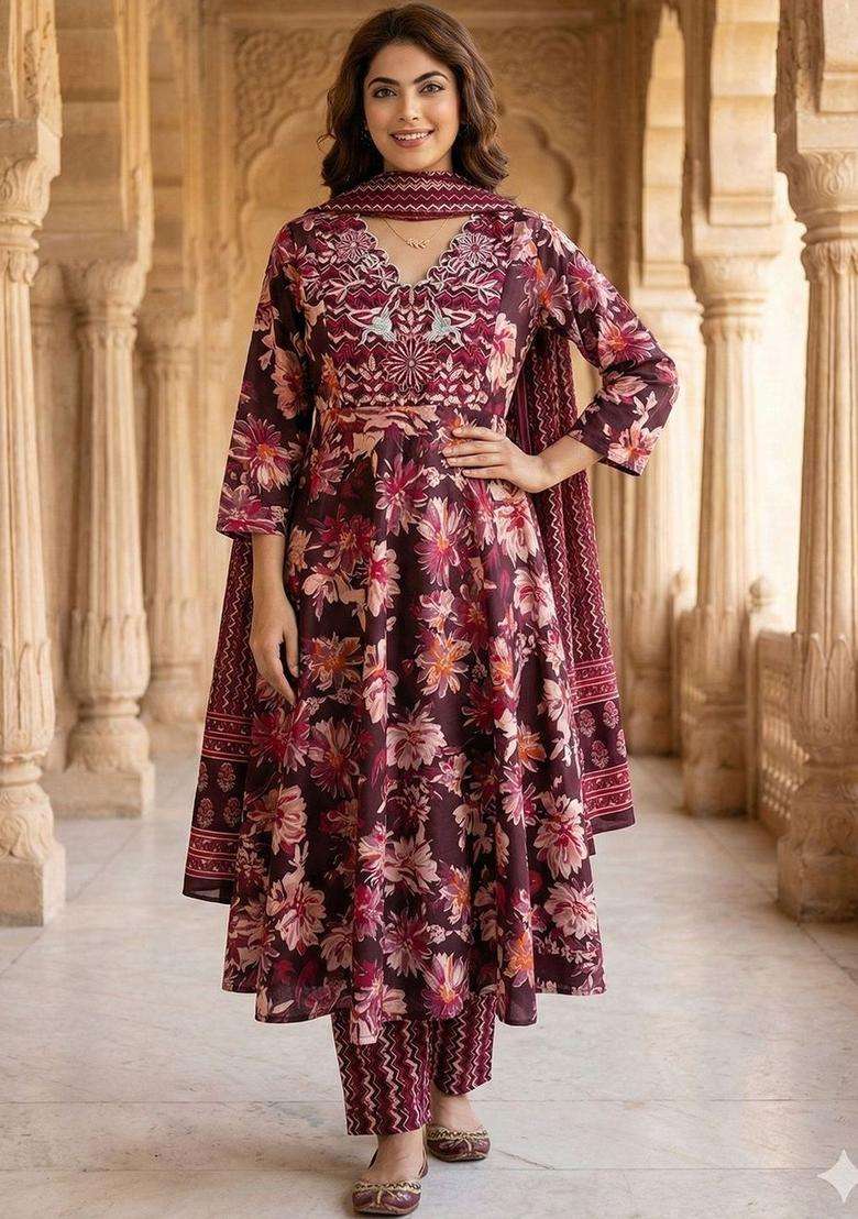 Burgundy Printed Cotton Kurta Set - Indya