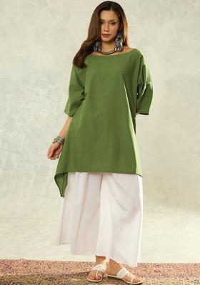 Olive Solid Cotton Kurta Set