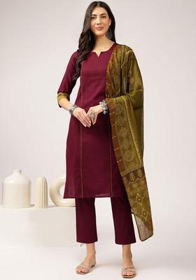 Maroon Solid Cotton Kurta Set