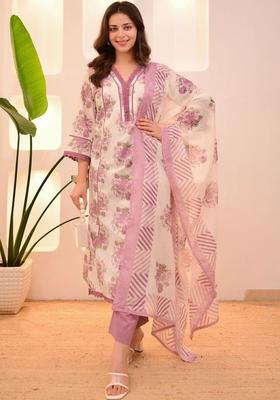 Lavender Printed Cotton Kurta Set