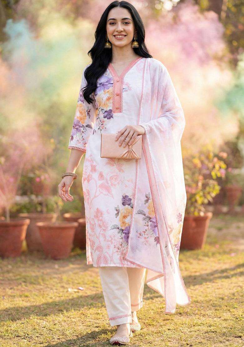 Off White Printed Linen Kurta Set - Indya