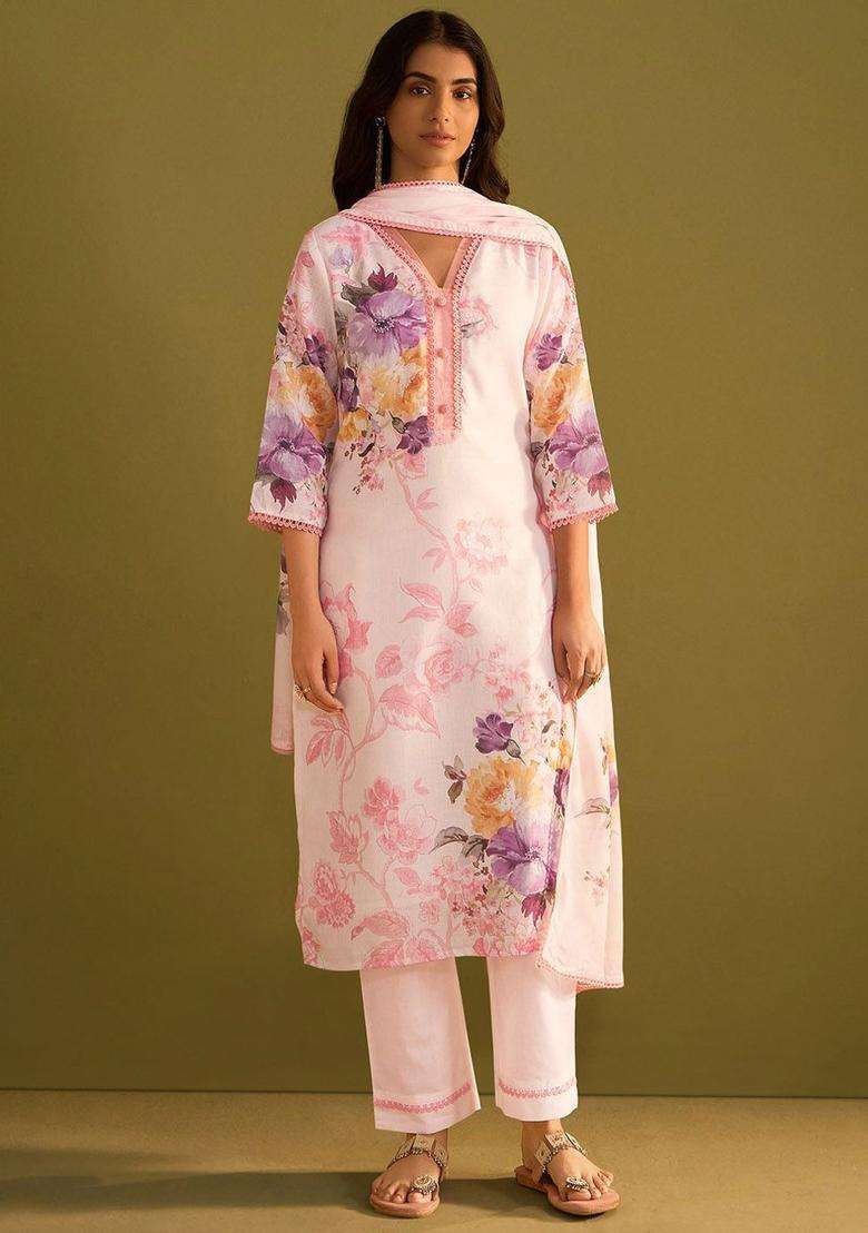 Off White Printed Linen Kurta Set - Indya