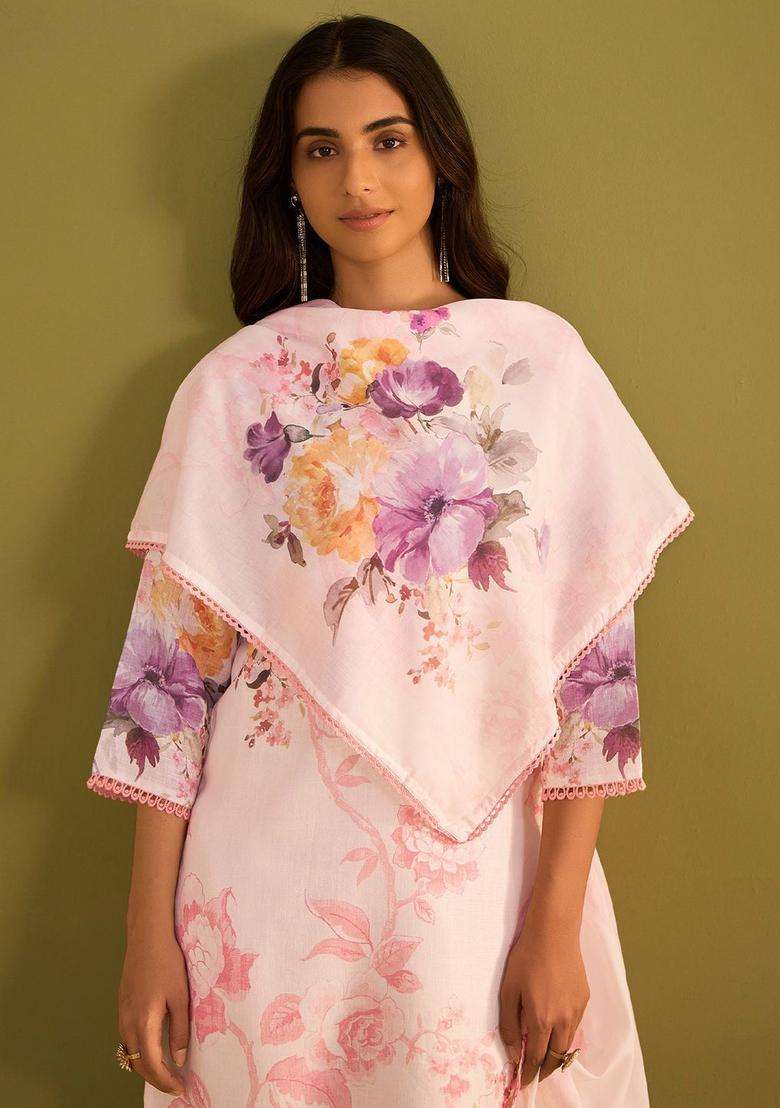 Off White Printed Linen Kurta Set - Indya