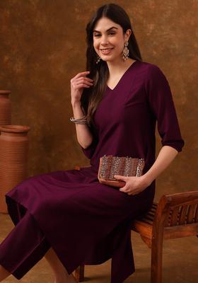 Burgundy Solid Silk Blend Kurta Set