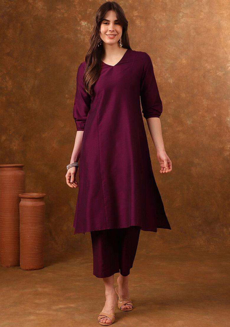 Burgundy Solid Silk Blend Kurta Set - Indya
