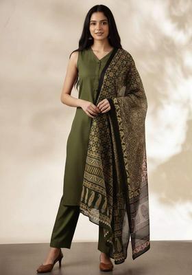 Olive Solid Cotton Kurta Set