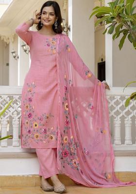 Pink Self Design Cotton Kurta Set