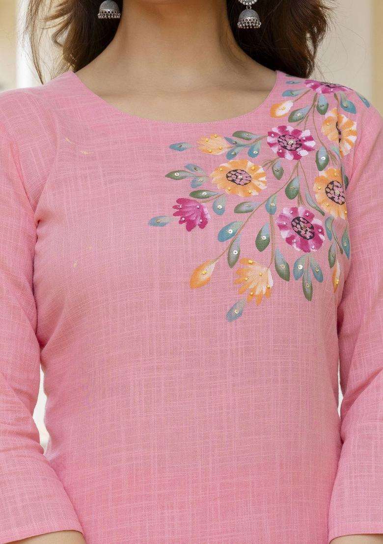 Pink Self Design Cotton Kurta Set - Indya