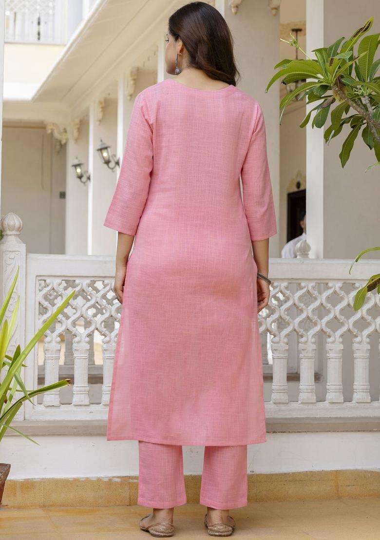 Pink Self Design Cotton Kurta Set - Indya
