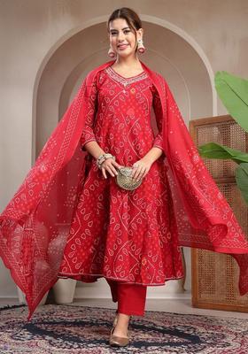 Red Printed Cotton Kurta Set