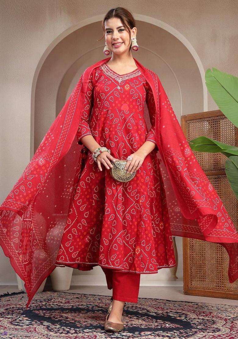 Red Printed Cotton Kurta Set - Indya