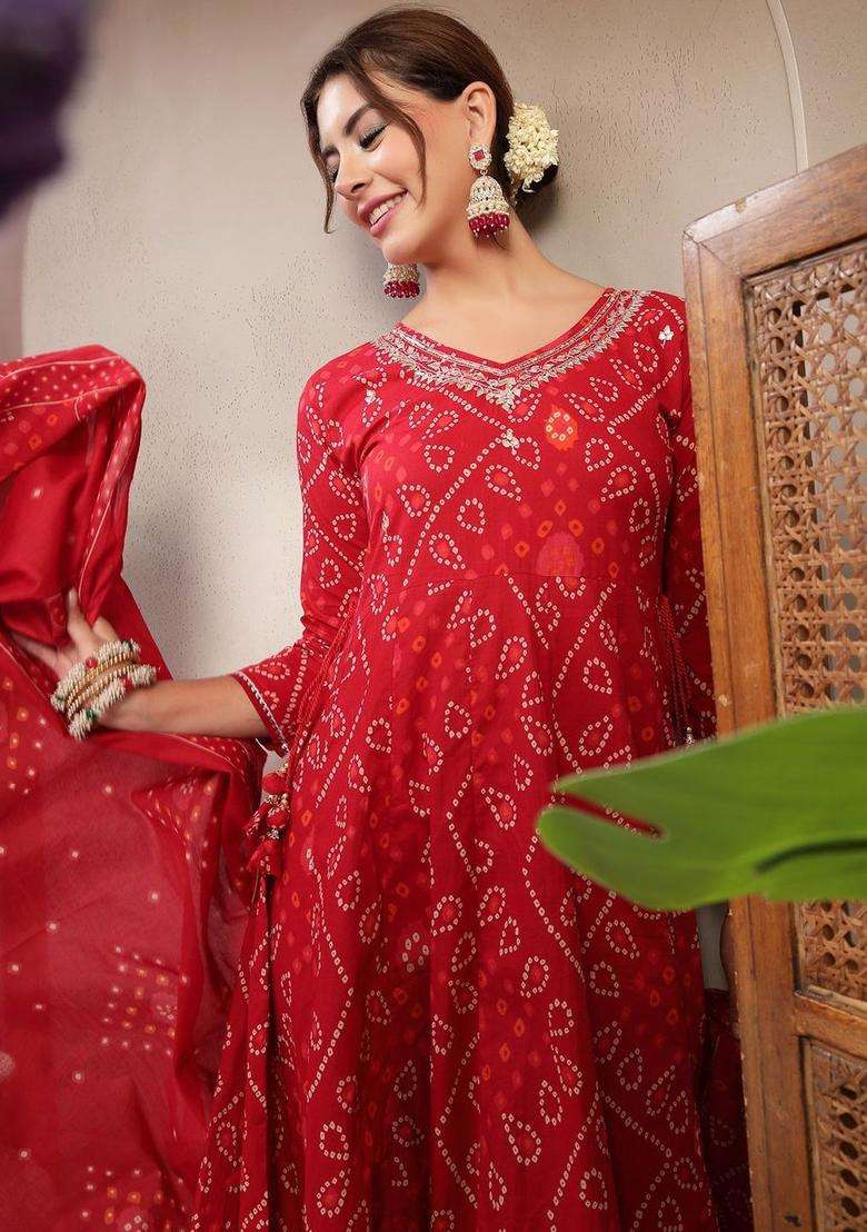 Red Printed Cotton Kurta Set - Indya