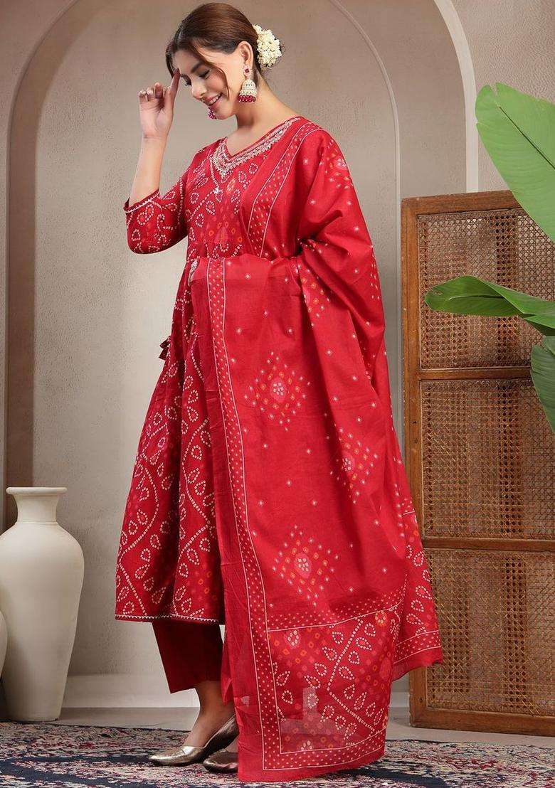 Red Printed Cotton Kurta Set - Indya