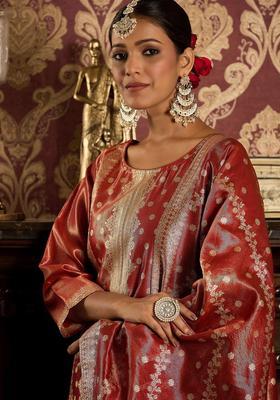 Red Woven Design Silk Blend Kurta Set
