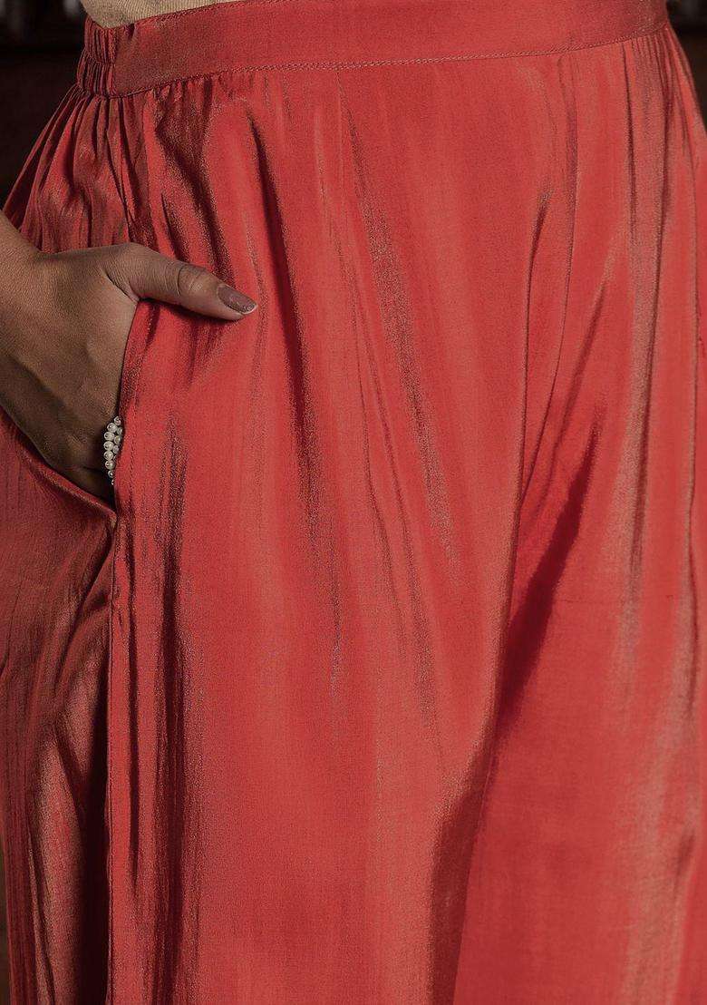 Red Woven Design Silk Blend Kurta Set - Indya