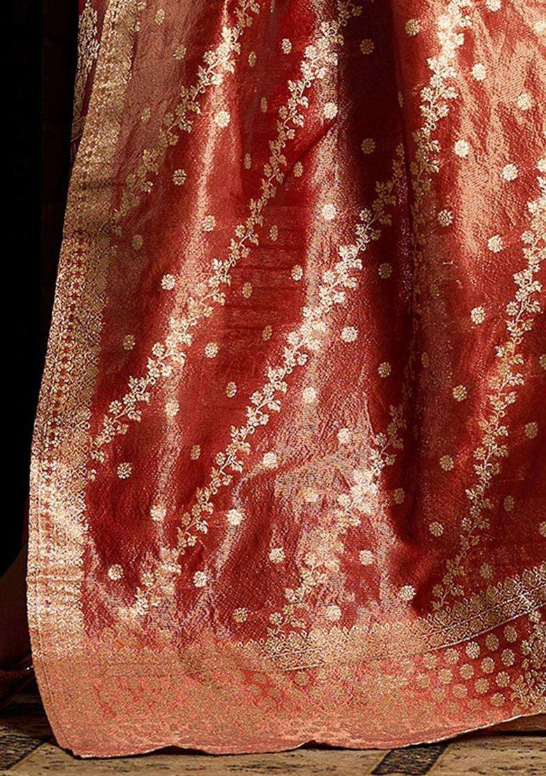 Red Woven Design Silk Blend Kurta Set - Indya