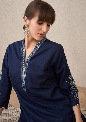 Navy Blue Embroidered Cotton Kurta Set