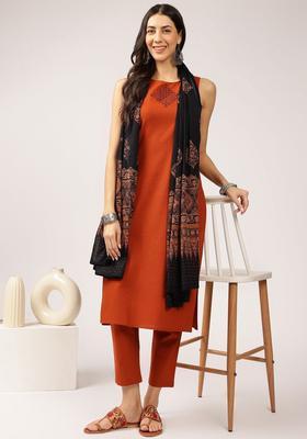 Rust Embroidered Cotton Kurta Set