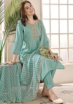 Sea Green Yoke Design Silk Blend Kurta Set