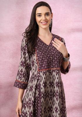 Purple Printed Chanderi Kurta Set
