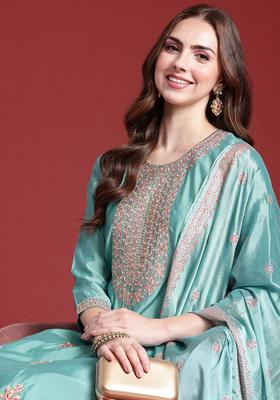 Sea Green Embroidered Silk Blend Kurta Set