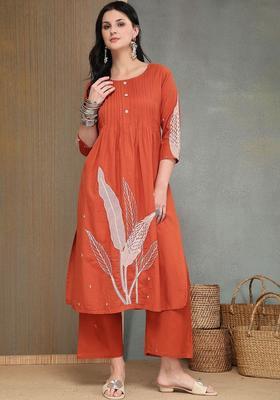 Orange Printed Cotton Kurta Set