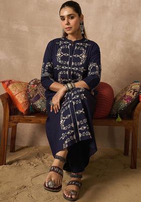 Navy Blue Embroidered Cotton Kurta Set