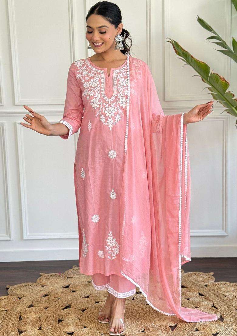 Pink Embroidered Cotton Kurta Set - Indya