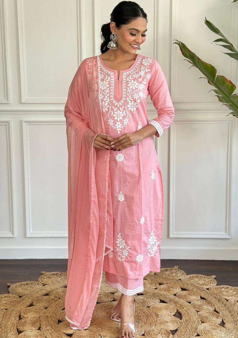 Pink Embroidered Cotton Kurta Set - Indya