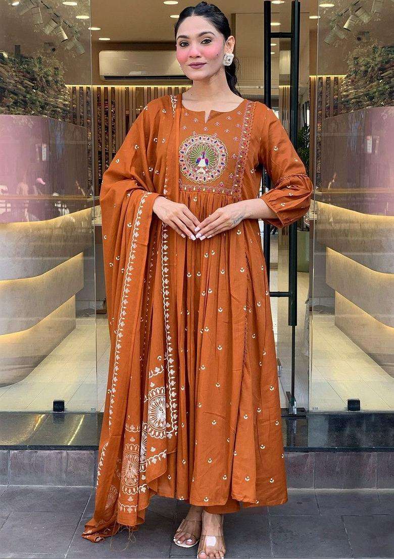 Rust Embroidered Viscose Kurta Set - Indya
