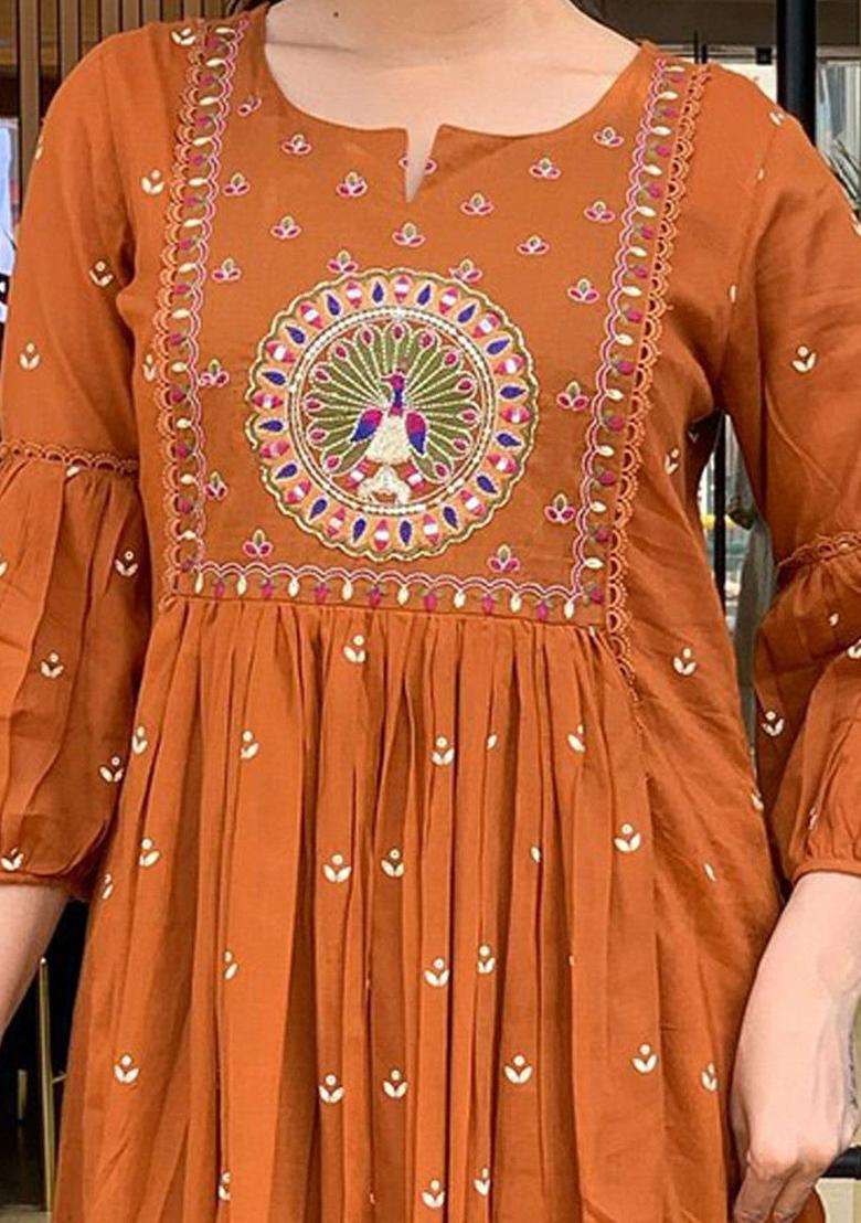 Rust Embroidered Viscose Kurta Set - Indya
