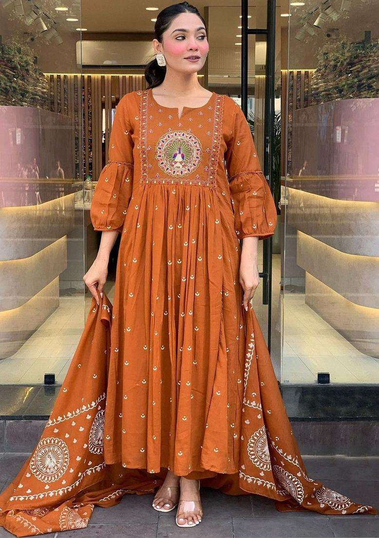 Rust Embroidered Viscose Kurta Set - Indya