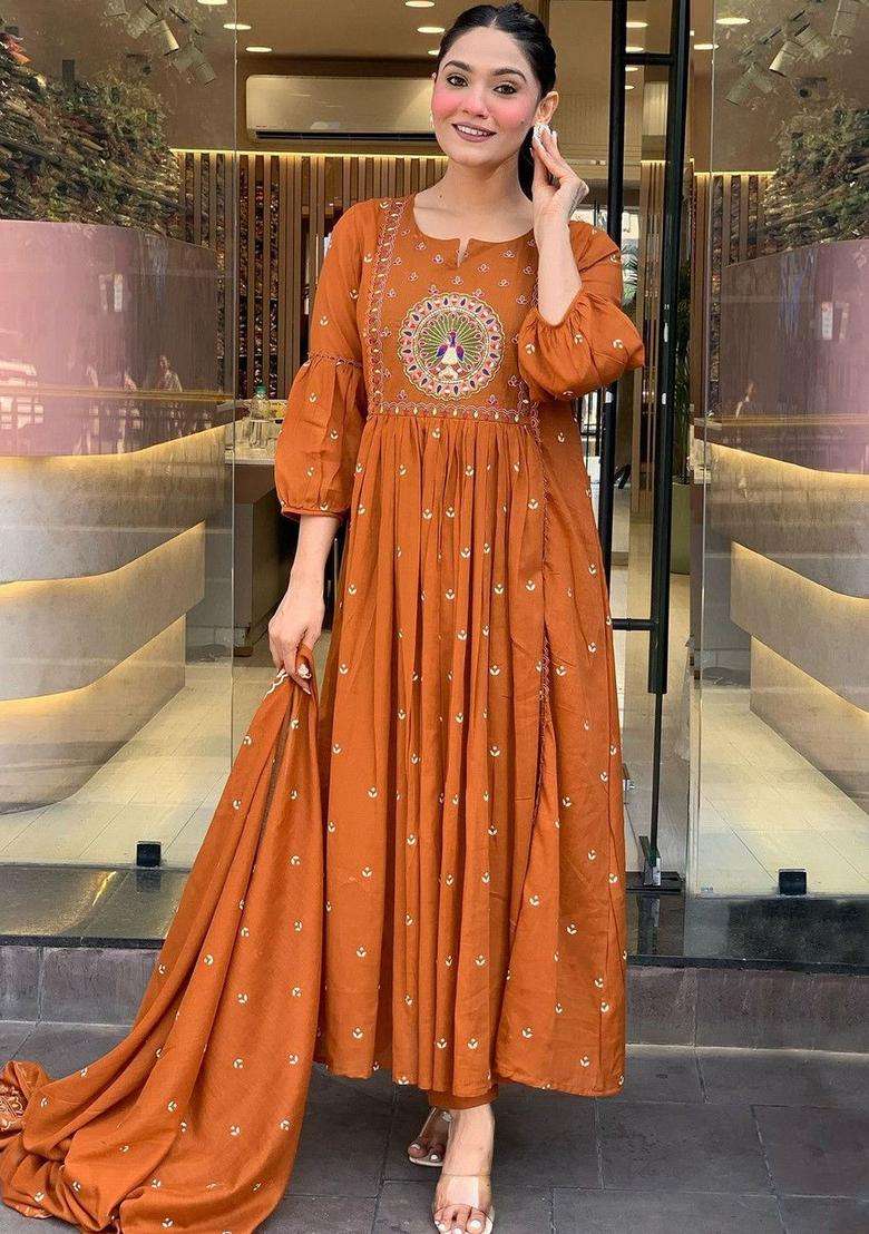 Rust Embroidered Viscose Kurta Set - Indya
