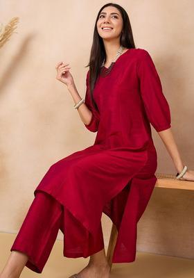 Purple Solid Silk Blend Kurta Set