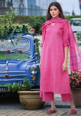 Pink Solid Viscose Kurta Set