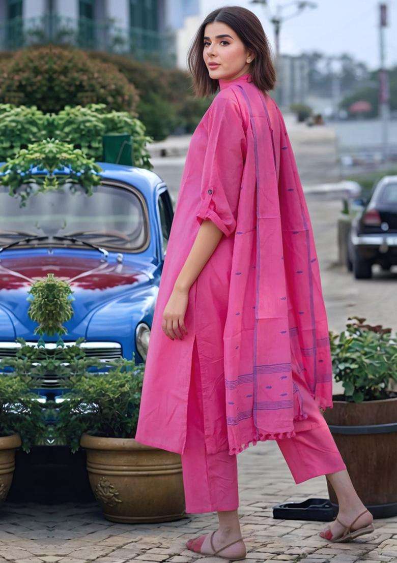 Pink Solid Viscose Kurta Set - Indya