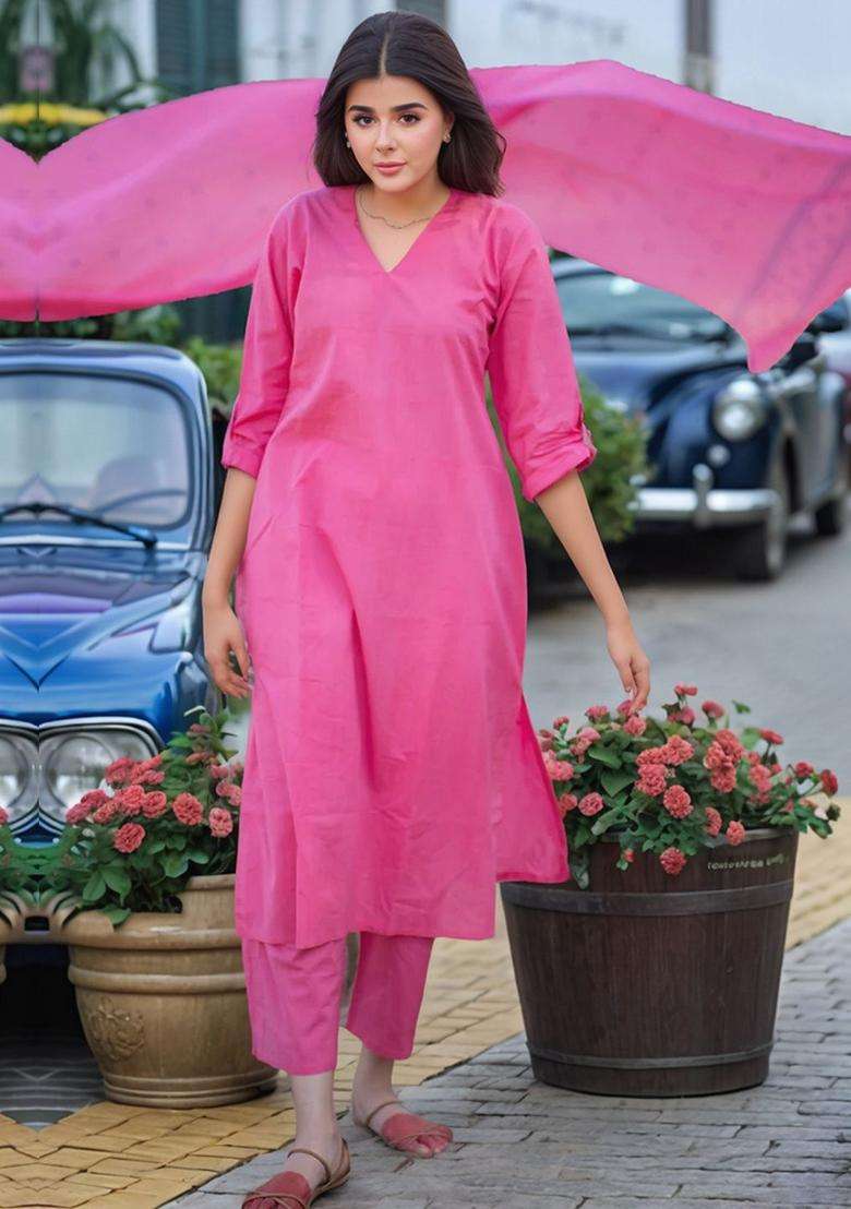 Pink Solid Viscose Kurta Set - Indya