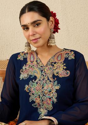 Blue Embroidered Georgette Anarkali Set