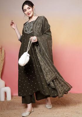 Olive Printed Cotton Kurta Set