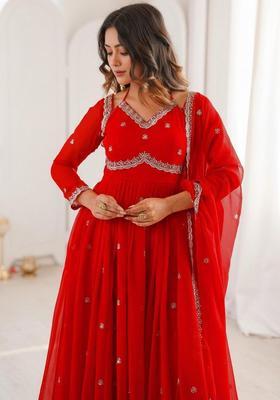 Red Embroidered Georgette Kurta Set