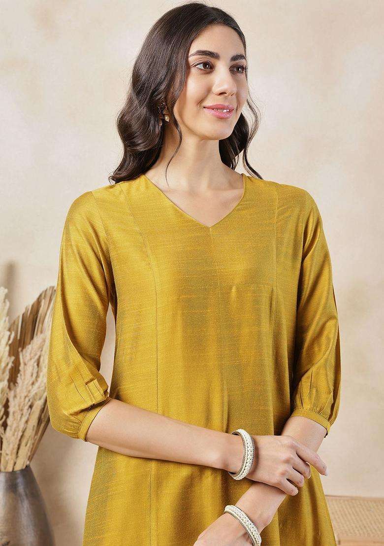 Mustard Solid Silk Blend Kurta Set - Indya