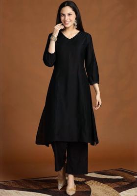 Black Solid Silk Blend Kurta Set