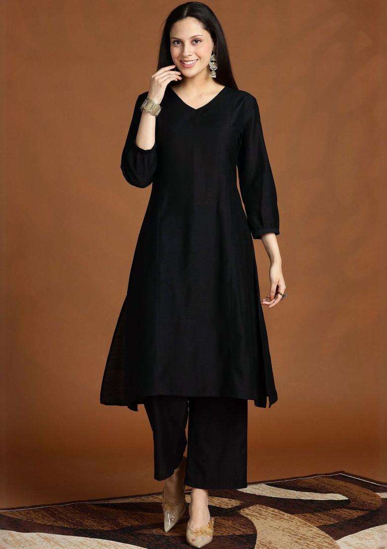 Black Solid Silk Blend Kurta Set - Indya