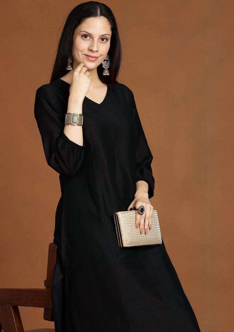 Black Solid Silk Blend Kurta Set - Indya