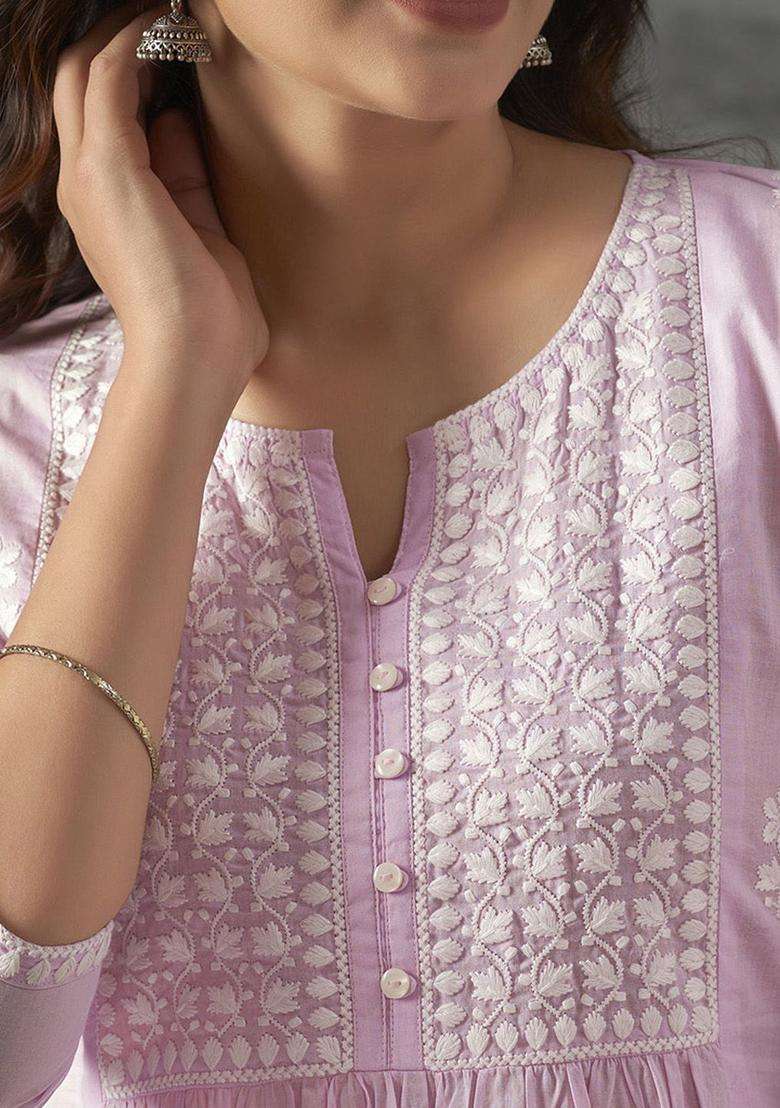 Lavender Embroidered Cotton Kurta Set - Indya