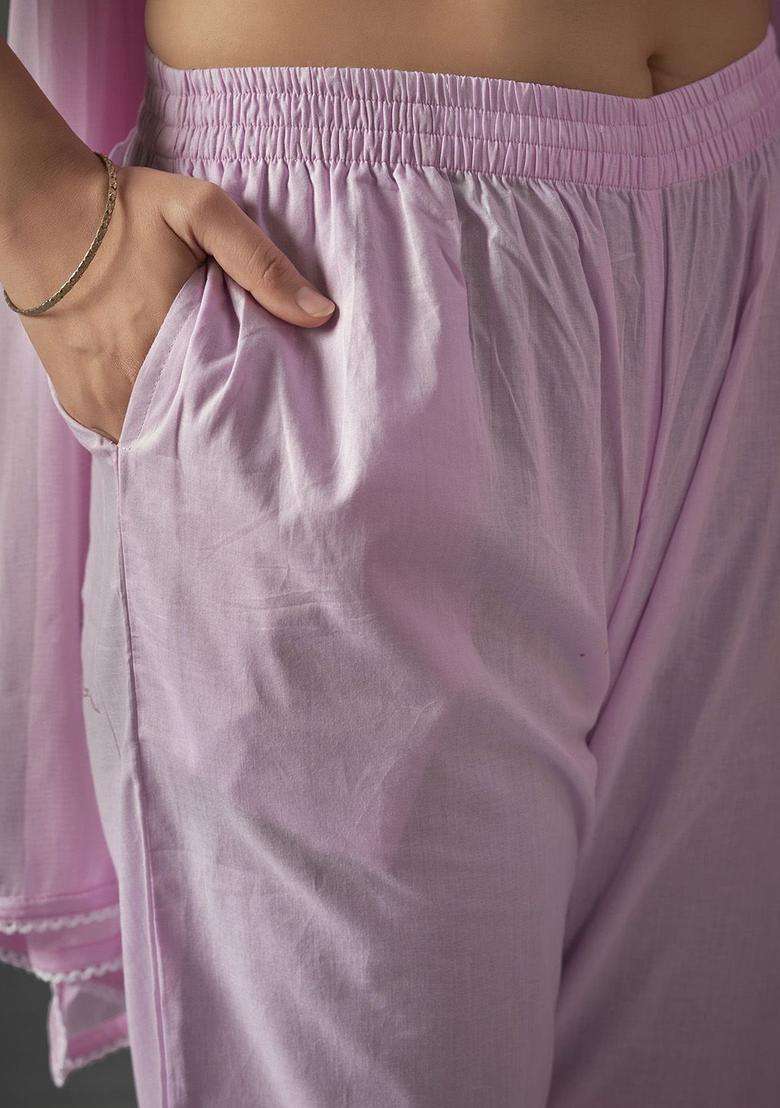 Lavender Embroidered Cotton Kurta Set - Indya