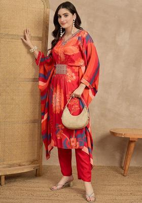 Red Printed Silk Blend Kurta Set