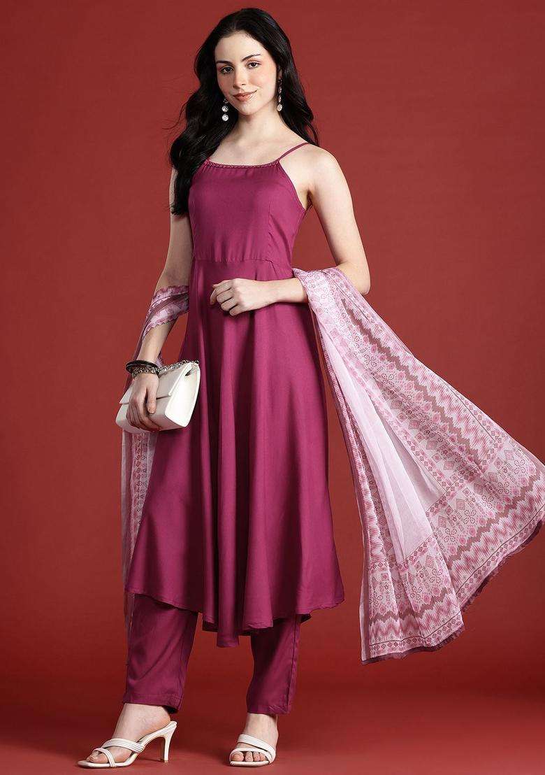 Maroon Solid Viscose Kurta Set - Indya